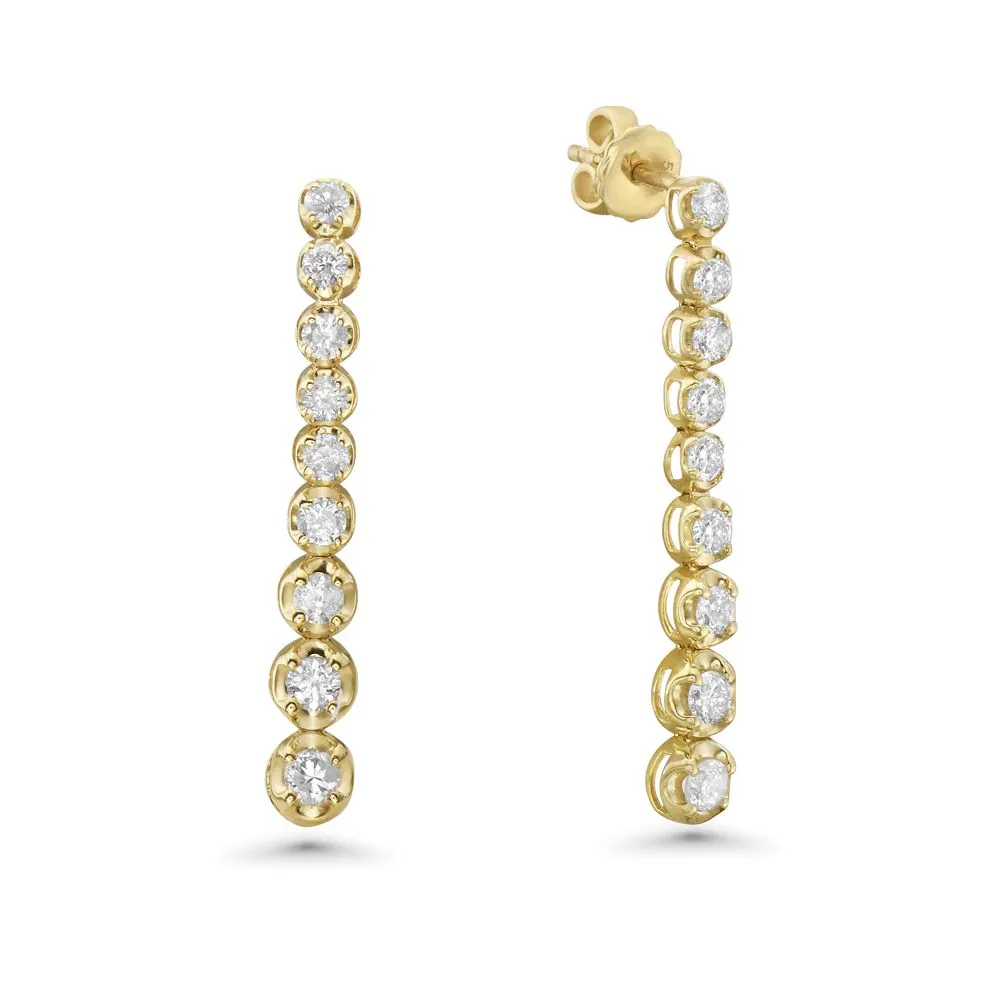 Graduated Diamond In Line 1" Long Tennis Earrings (0.95 ct.) Buttercup Setting in 14K Gold