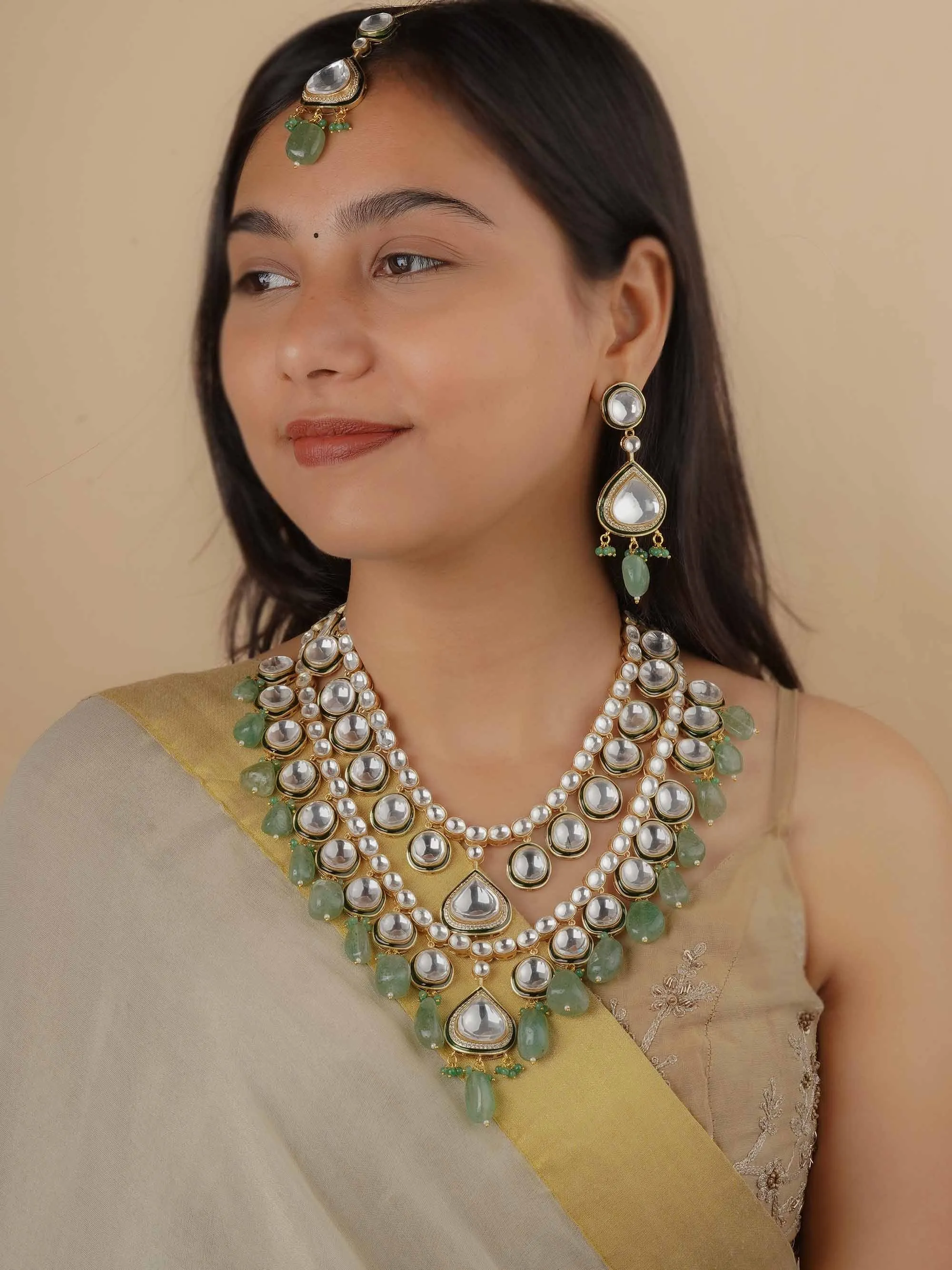 Green Color Gold Plated Faux Polki Bridal Necklace Set - PK-S187WGR