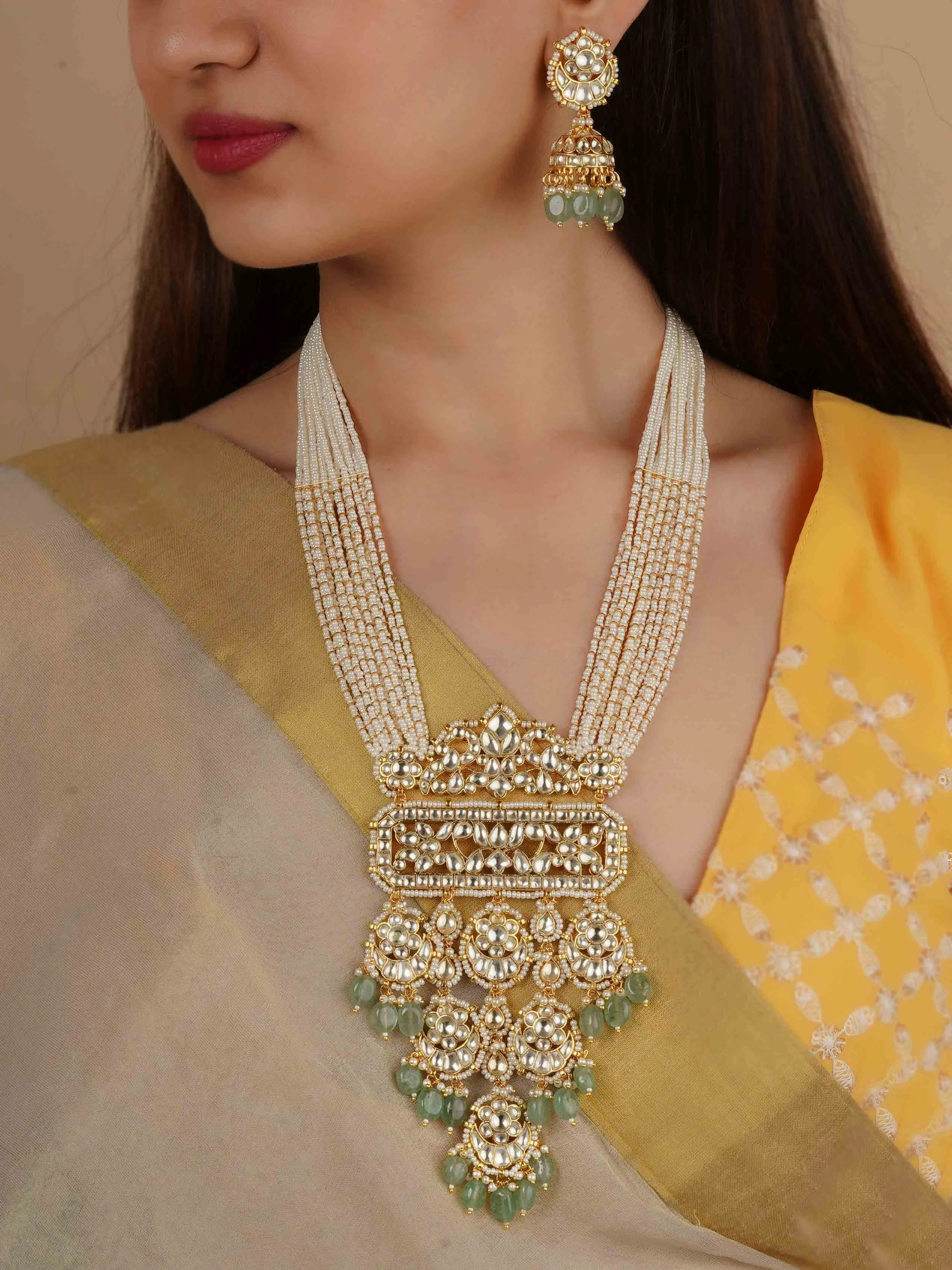 Green Color Gold Plated Jadau Kundan Necklace Set - MS2203Y