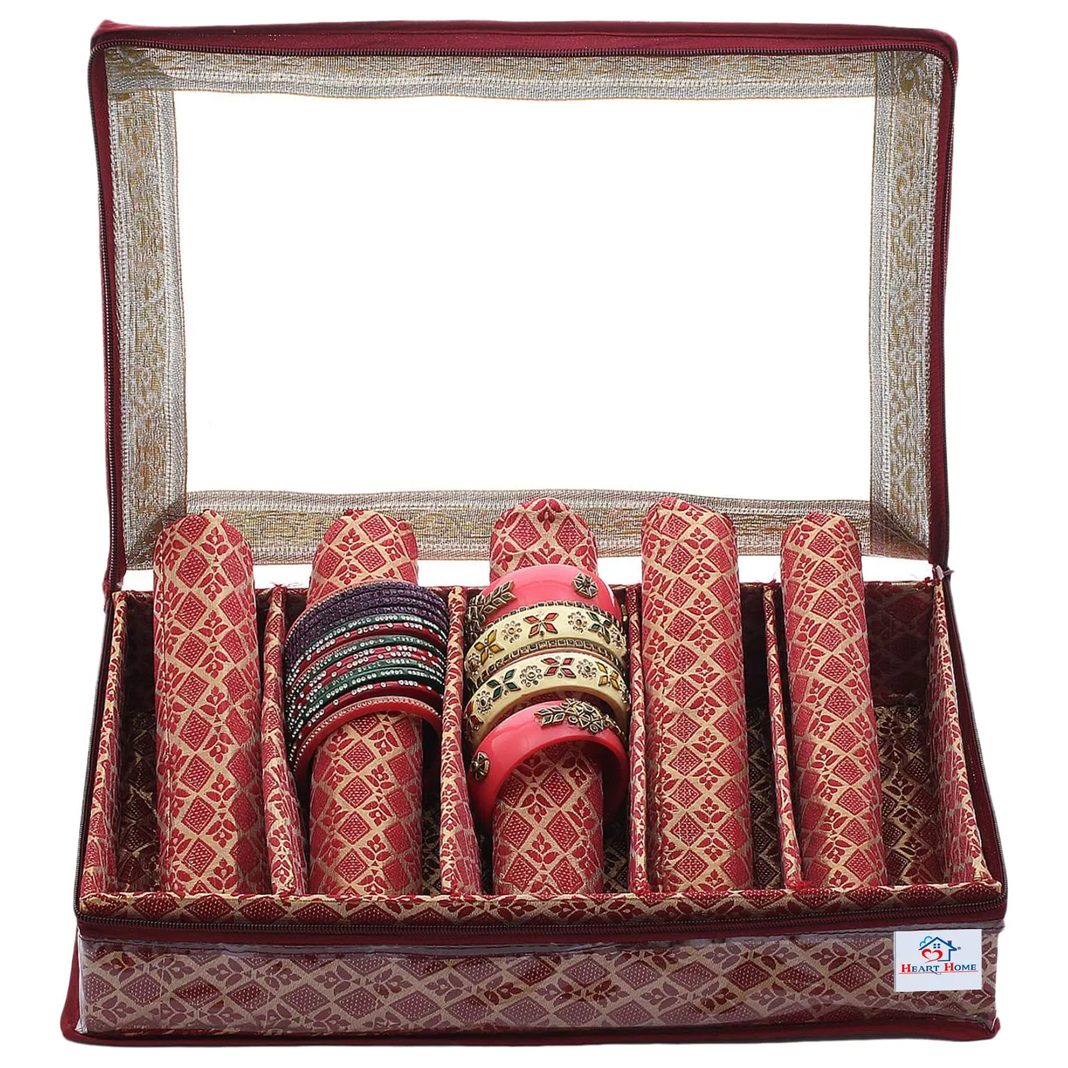 Heart Home Multipurpose Tribal Design Laminated 5 Rod Bangle Box/Organizer/Case With Tranasparent Top (Maroon)-47HH0521