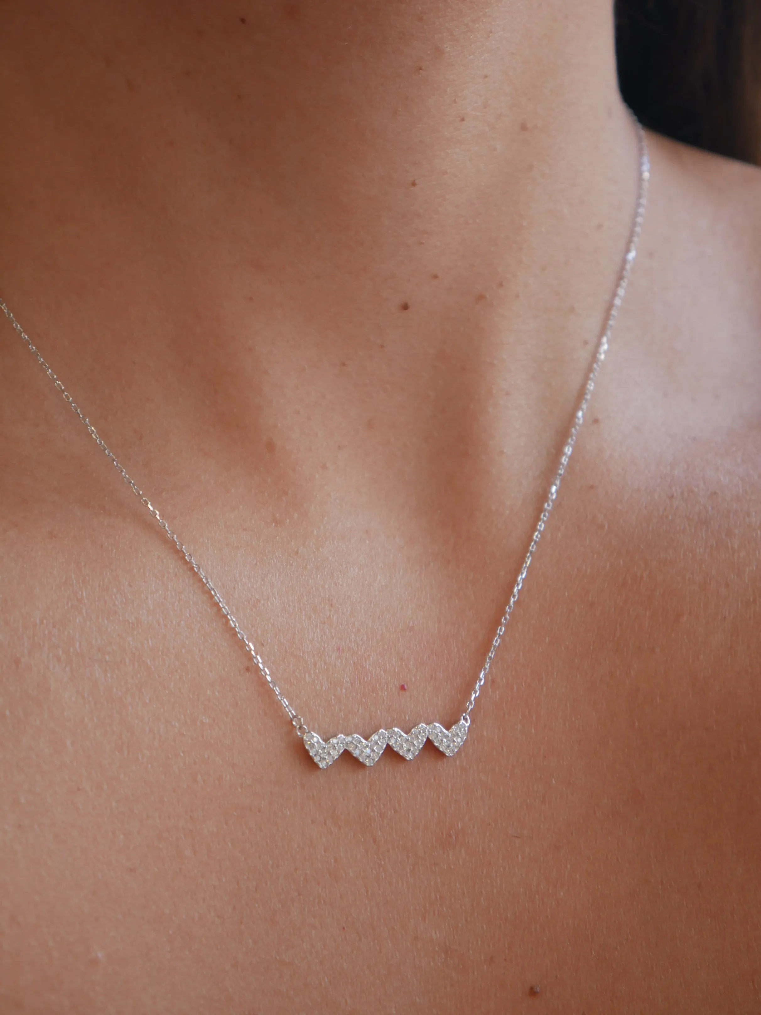 Hearts in a Row Necklace, Zircon .925 Sterling Silver Luxury Reversible Dainty Necklace