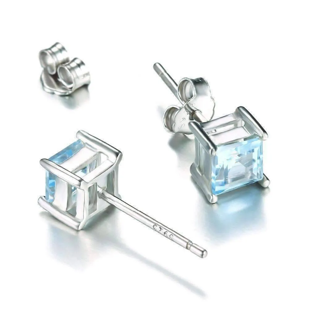 Ice Blue Genuine Topaz Princess Cut 0.7 CT IOBI Precious Gems Stud Earrings