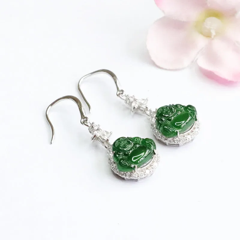 Ice Emperor Green Buddha Jade Sterling Silver Earrings