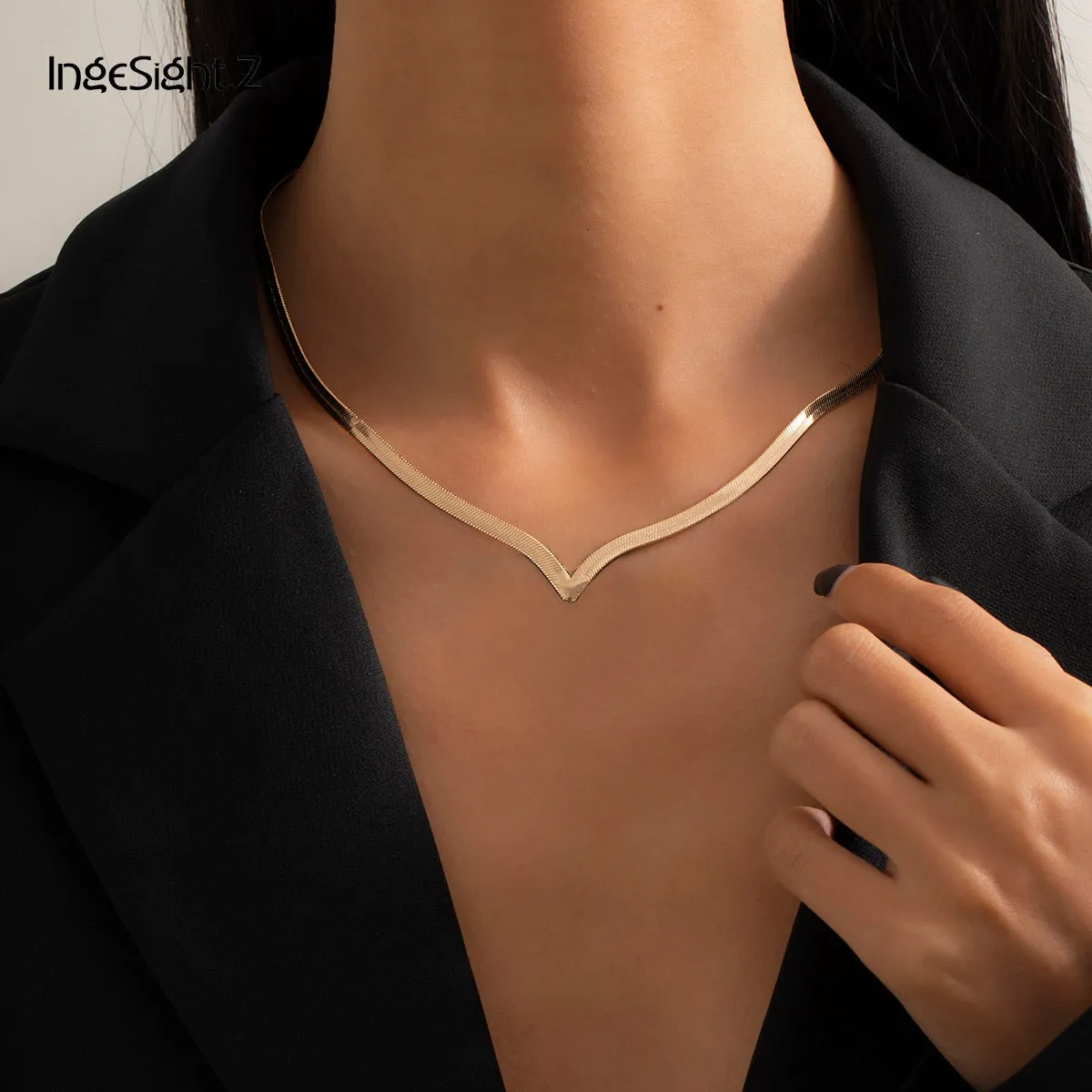 IngeSight.Z Simple Minimalist Copper Flat Snake Chain Choker Necklace Punk V-Shaped Short Collar Clavicle Necklace Women Jewelry