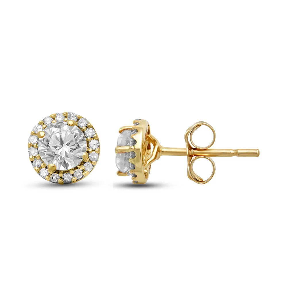 Jewelili 10K Yellow Gold with Round White Topaz and 1/10 CTTW Natural White Round Diamonds Stud Earrings