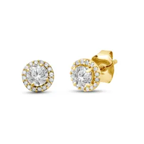 Jewelili 10K Yellow Gold with Round White Topaz and 1/10 CTTW Natural White Round Diamonds Stud Earrings