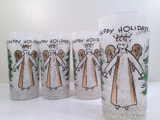 John Sutton - Signed Mid-Century Angel and Christmas Tree Flocked Glasses (Set of 4)