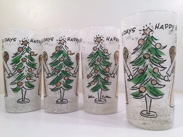 John Sutton - Signed Mid-Century Angel and Christmas Tree Flocked Glasses (Set of 4)