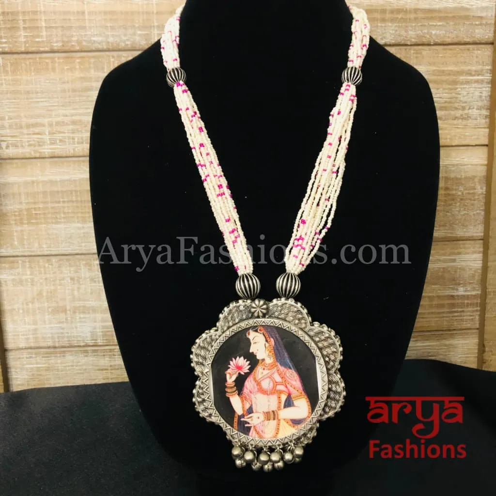 Kalamkari Painting Oxidized Silver Pendant with Multistrand Pearl chain