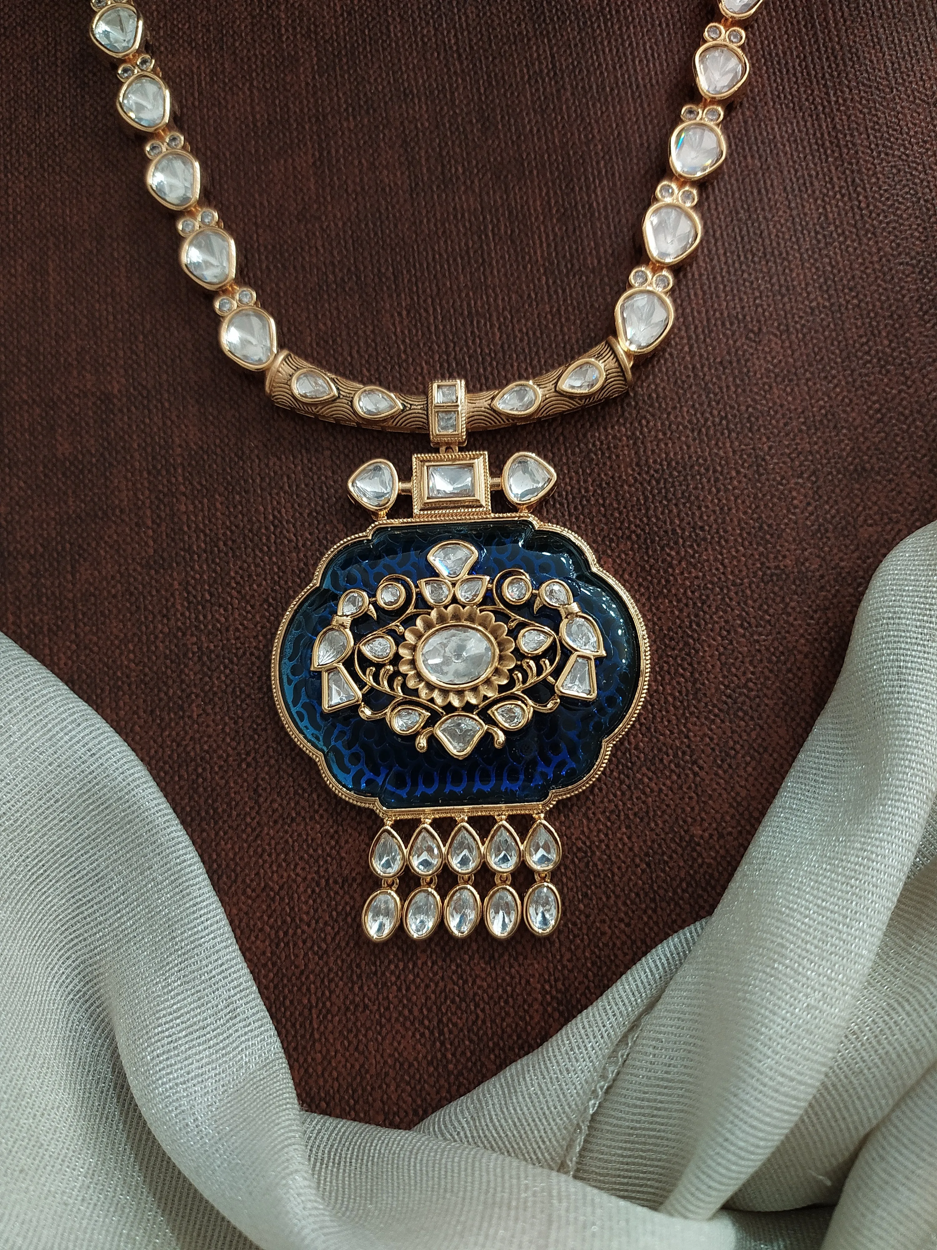 Kundan Necklace Set with Oval Quartz Pendant