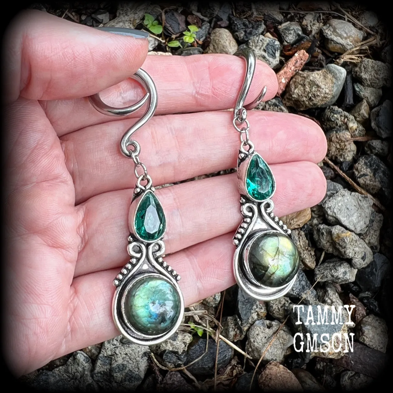 Labradorite and topaz gauged earrings-Gemstone ear hangers