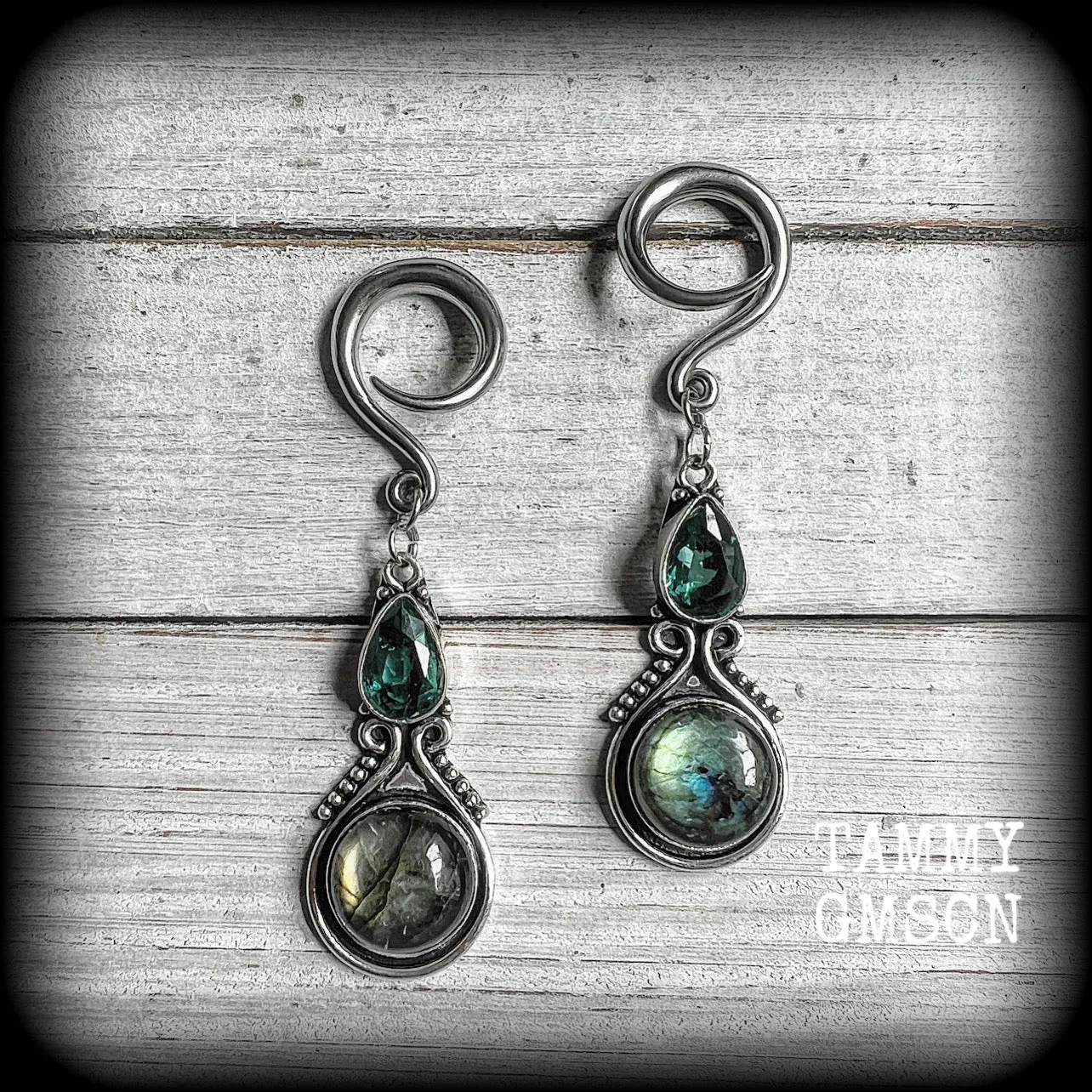 Labradorite and topaz gauged earrings-Gemstone ear hangers