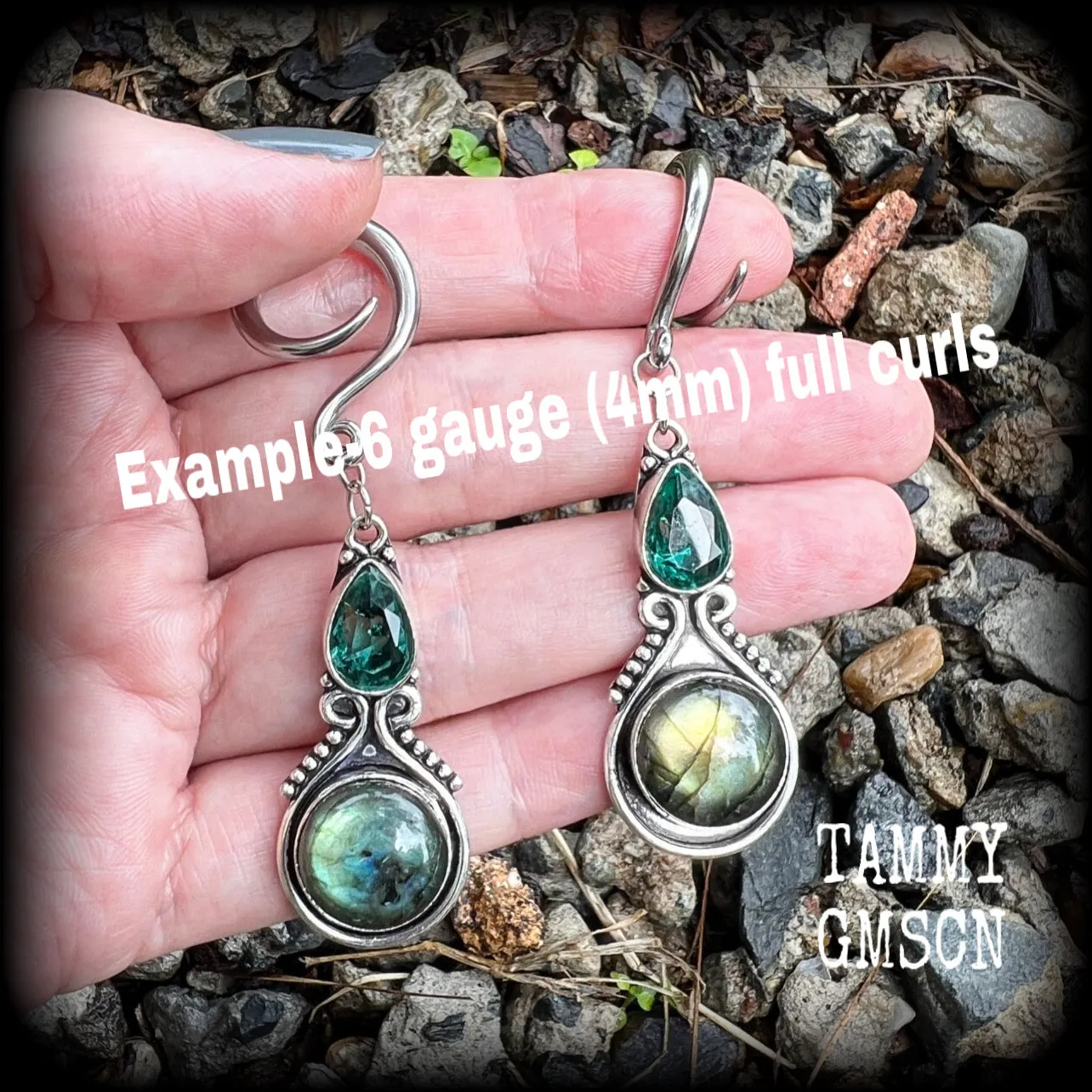 Labradorite and topaz gauged earrings-Gemstone ear hangers