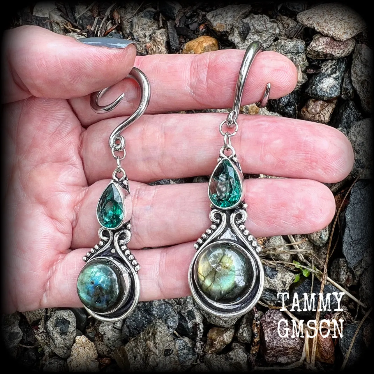 Labradorite and topaz gauged earrings-Gemstone ear hangers