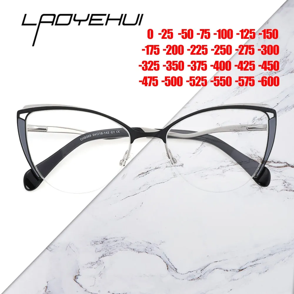 Laoyehui Women's Semi Rim Cat Eye Alloy Myopic Reading Glasses 8889c2