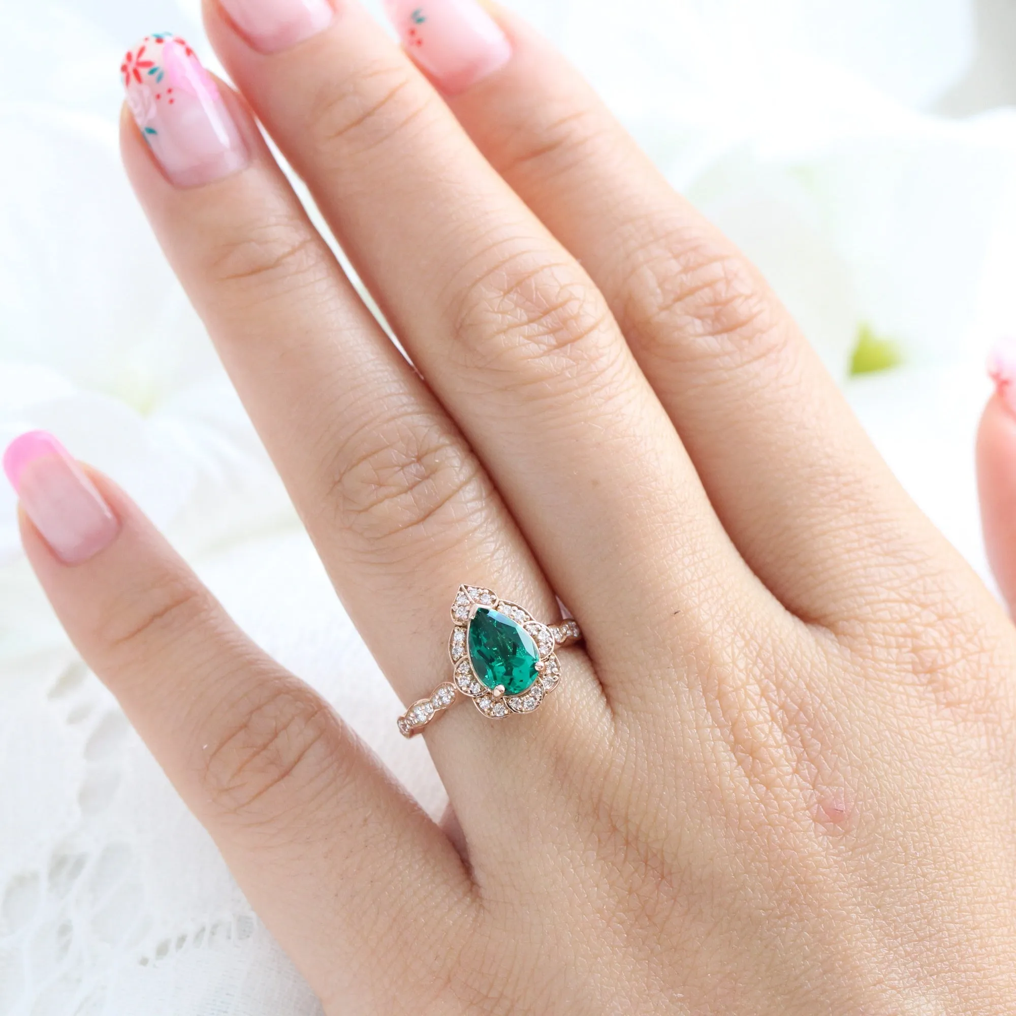 Large Pear Emerald Diamond Ring in Vintage Floral Scalloped Band