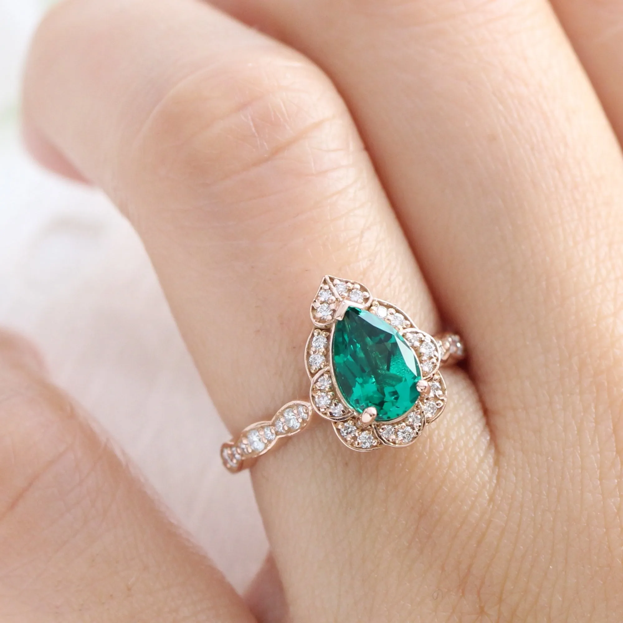 Large Pear Emerald Diamond Ring in Vintage Floral Scalloped Band