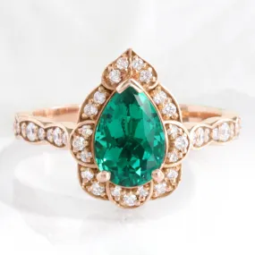 Large Pear Emerald Diamond Ring in Vintage Floral Scalloped Band