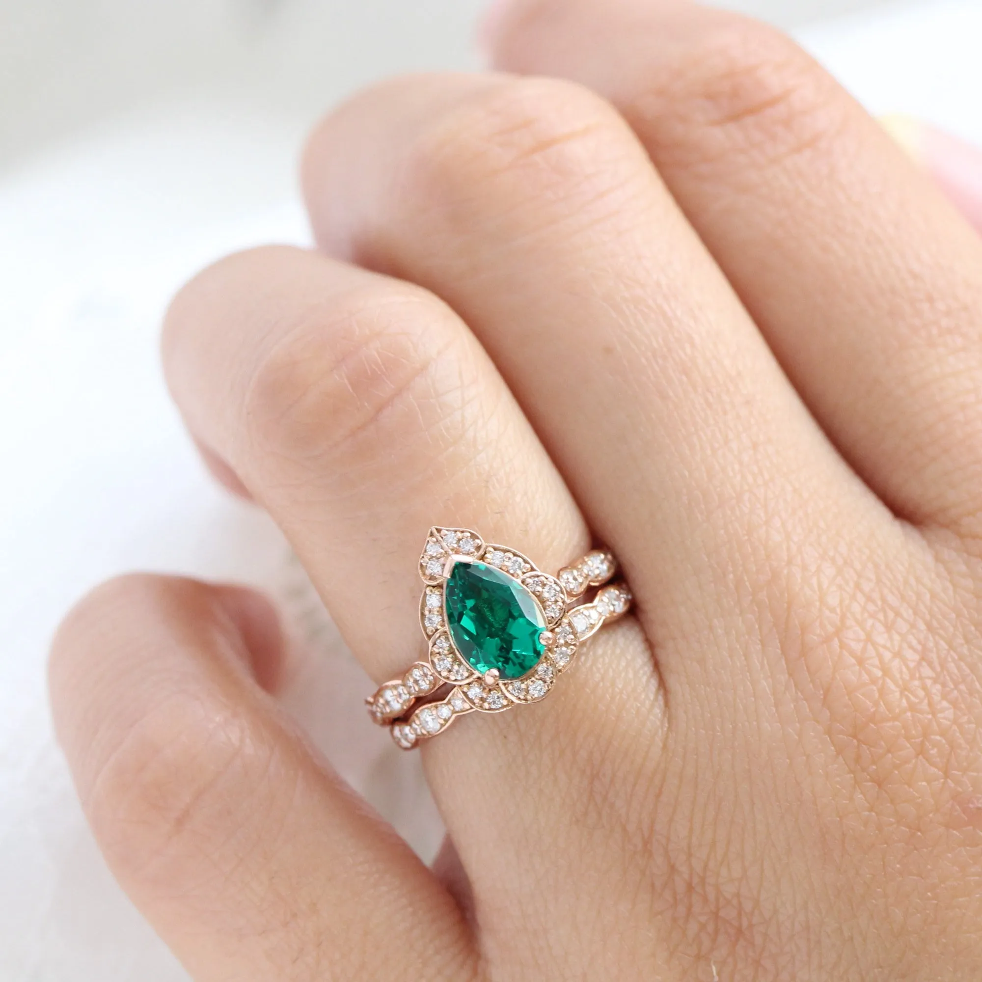 Large Pear Emerald Diamond Ring in Vintage Floral Scalloped Band