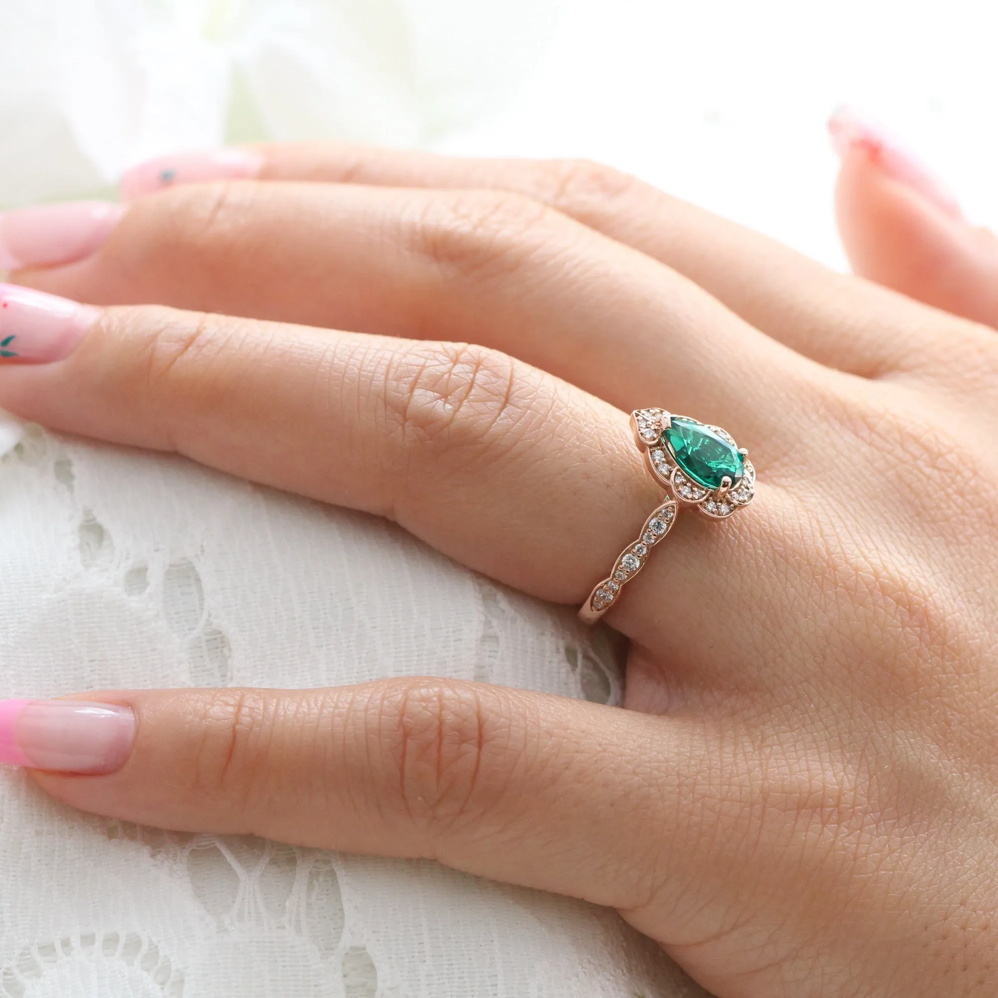 Large Pear Emerald Diamond Ring in Vintage Floral Scalloped Band