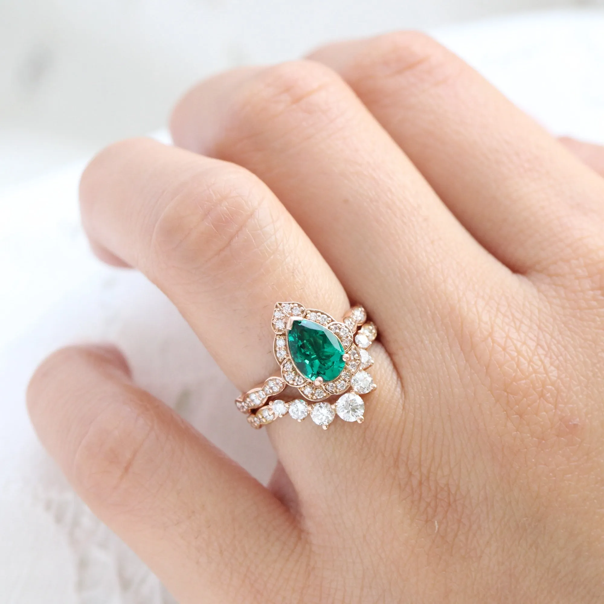 Large Pear Emerald Diamond Ring in Vintage Floral Scalloped Band