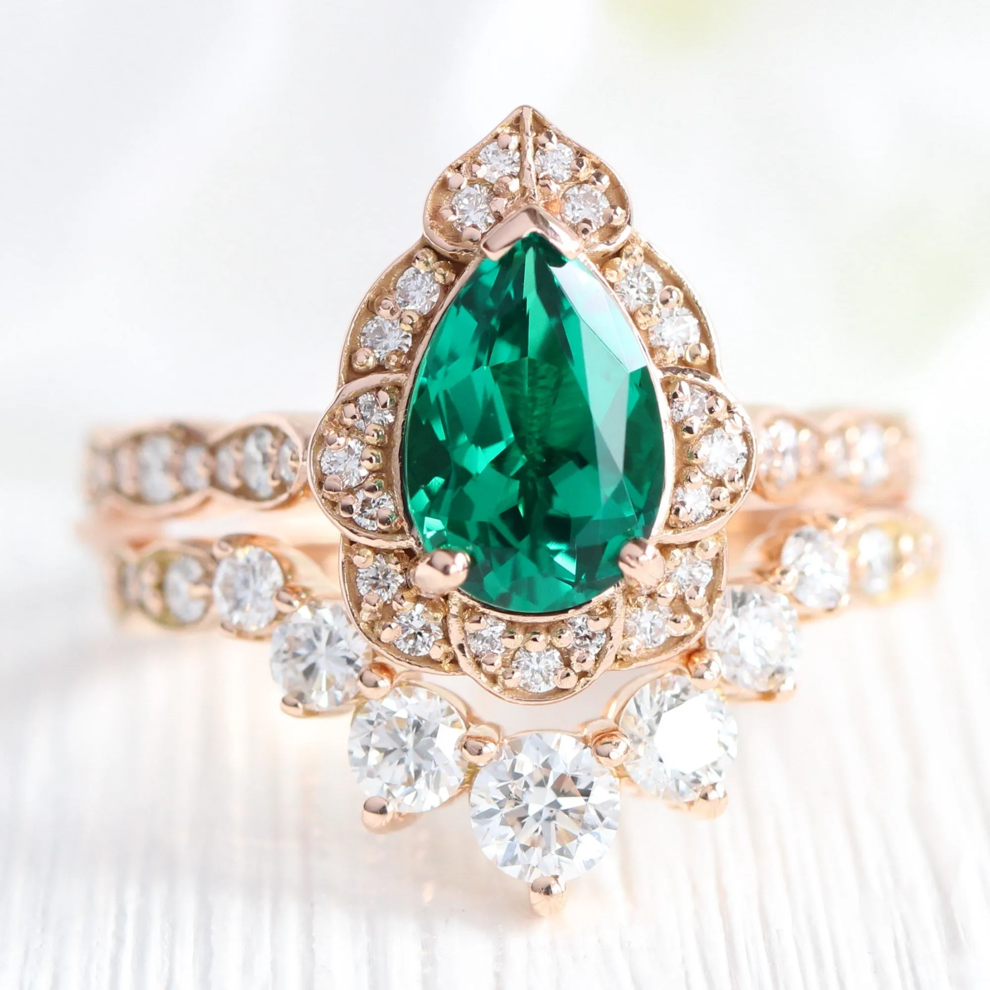 Large Pear Emerald Diamond Ring in Vintage Floral Scalloped Band