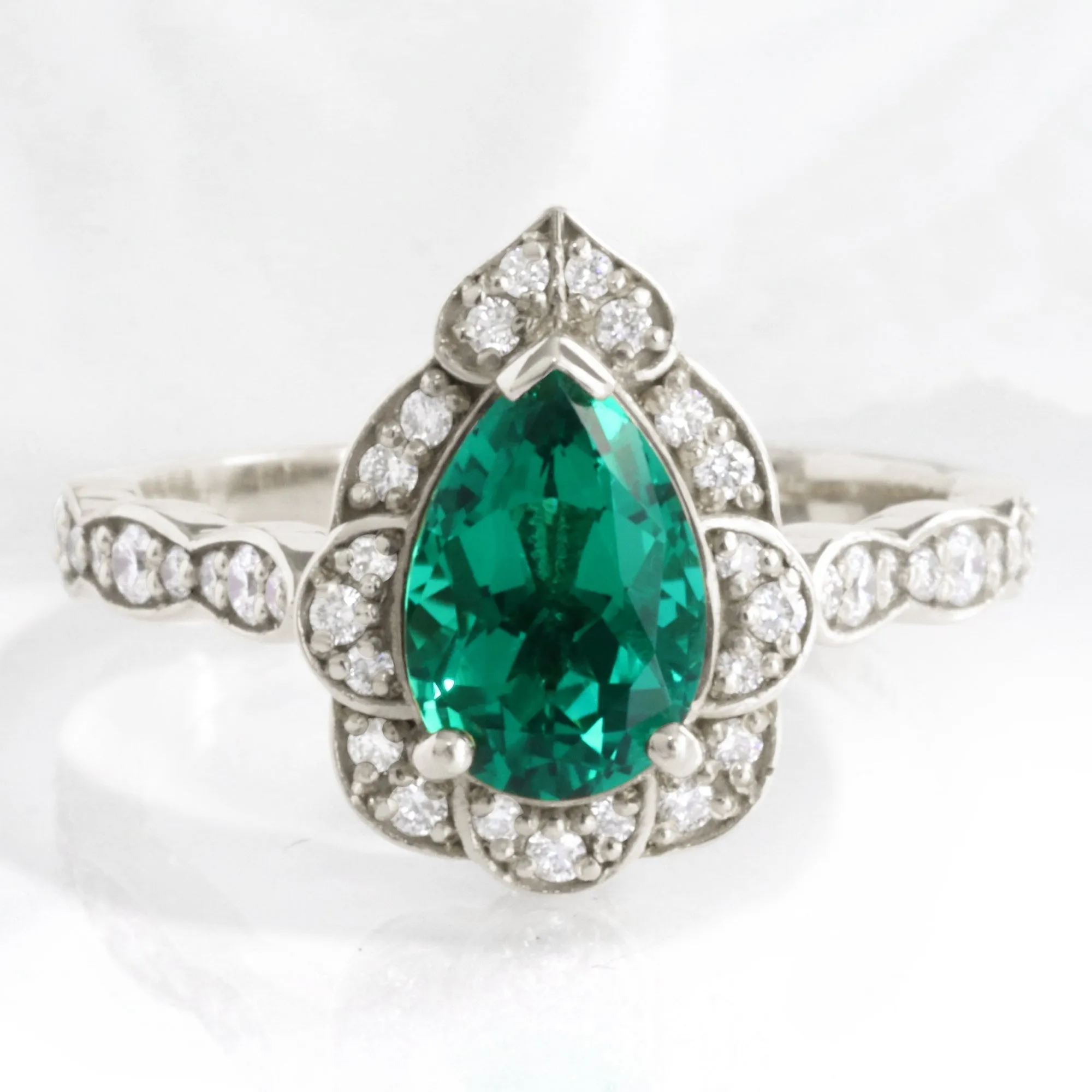 Large Pear Emerald Diamond Ring in Vintage Floral Scalloped Band