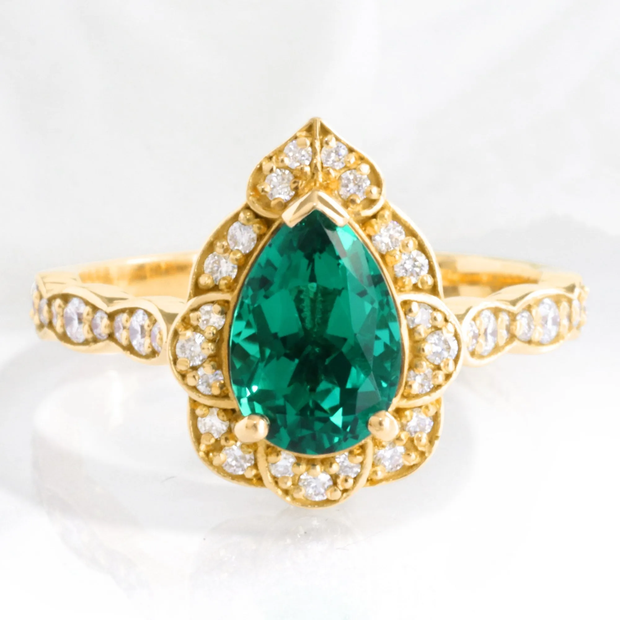 Large Pear Emerald Diamond Ring in Vintage Floral Scalloped Band