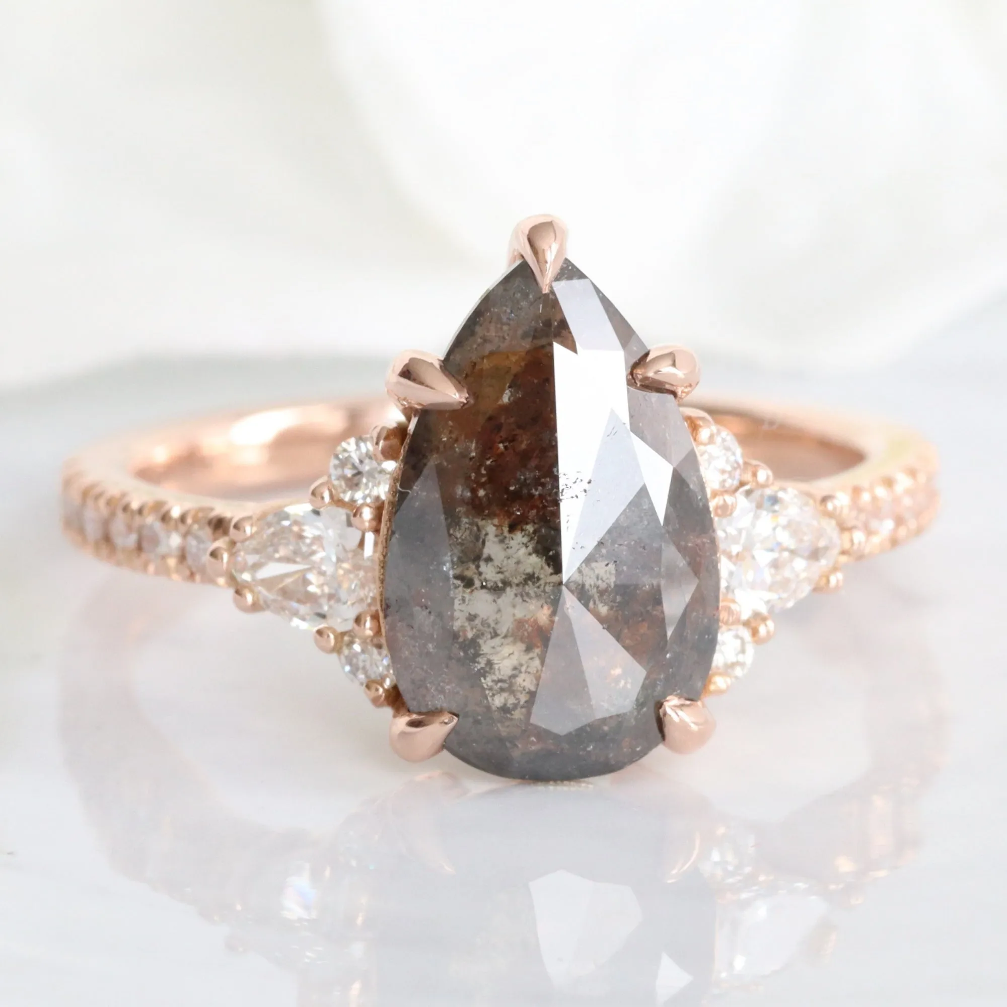 Large Pear Salt and Pepper Diamond Ring in 14k Rose Gold 3 Stone Ring Size 6.75