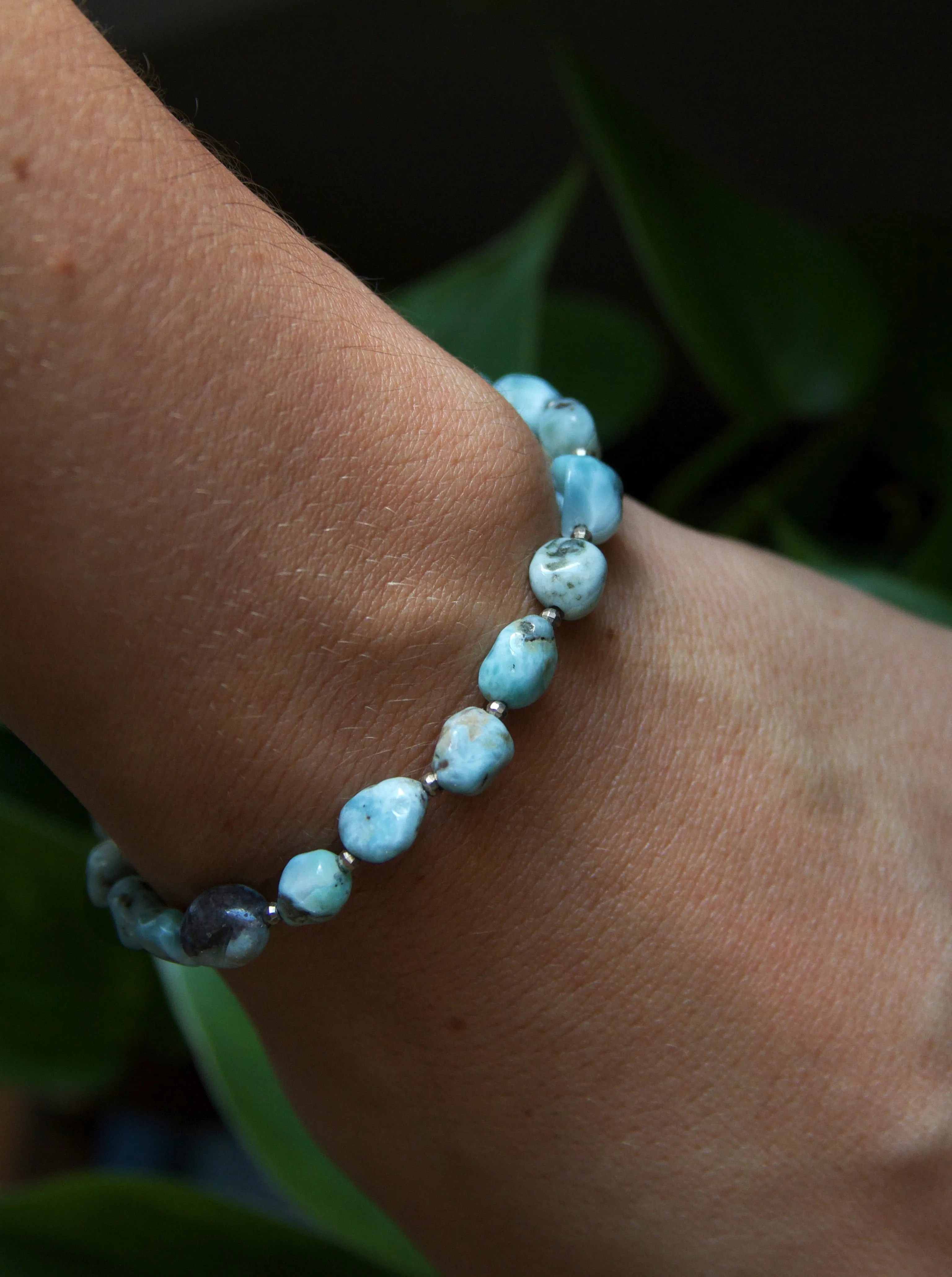 Larimar and Sterling Silver Beaded Stretch Bracelet