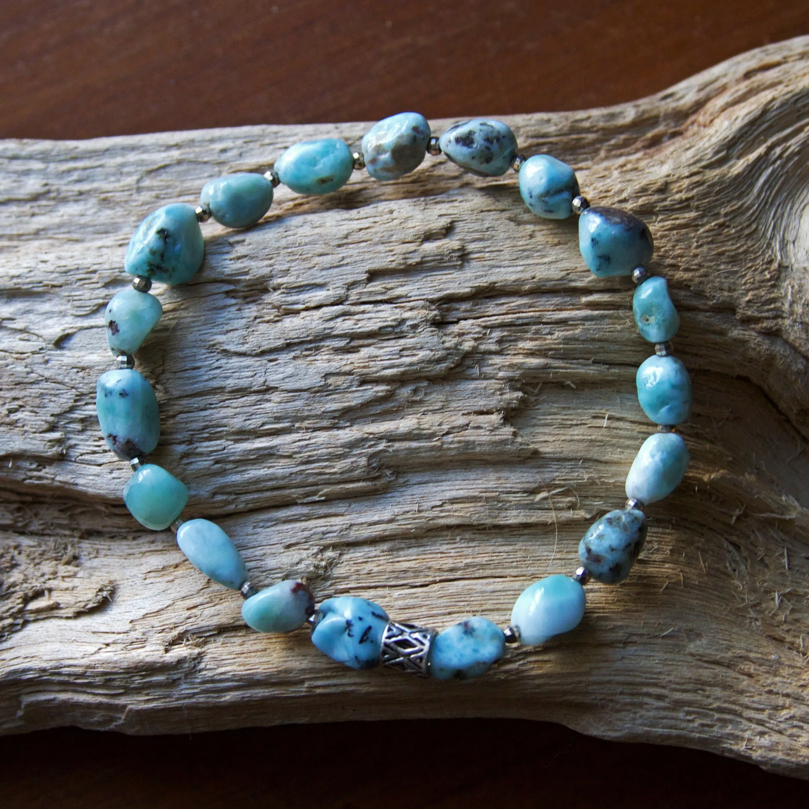 Larimar and Sterling Silver Beaded Stretch Bracelet