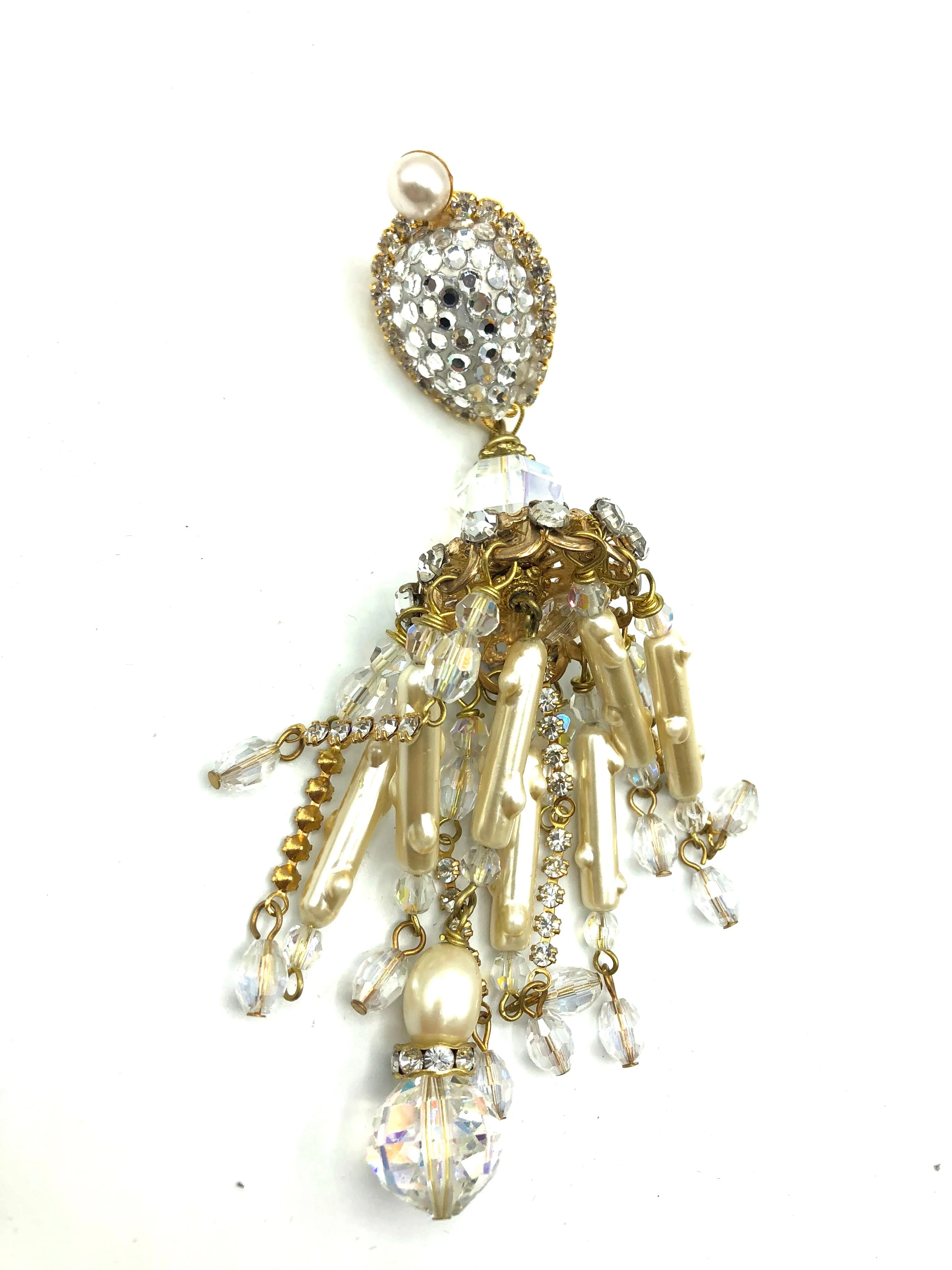 Larry Vrba Massive Rhinestone and Pearl Chandelier Earrings