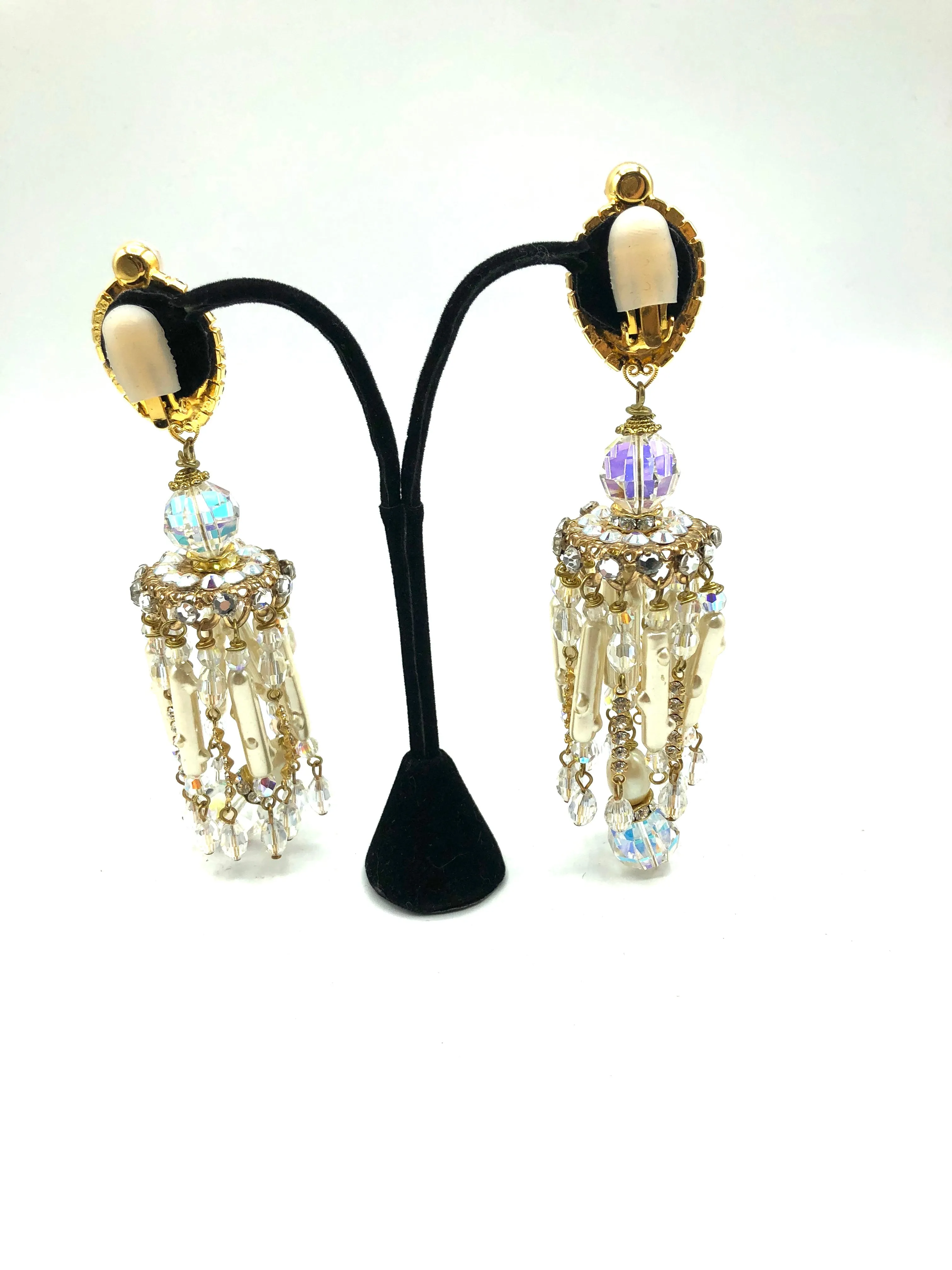 Larry Vrba Massive Rhinestone and Pearl Chandelier Earrings