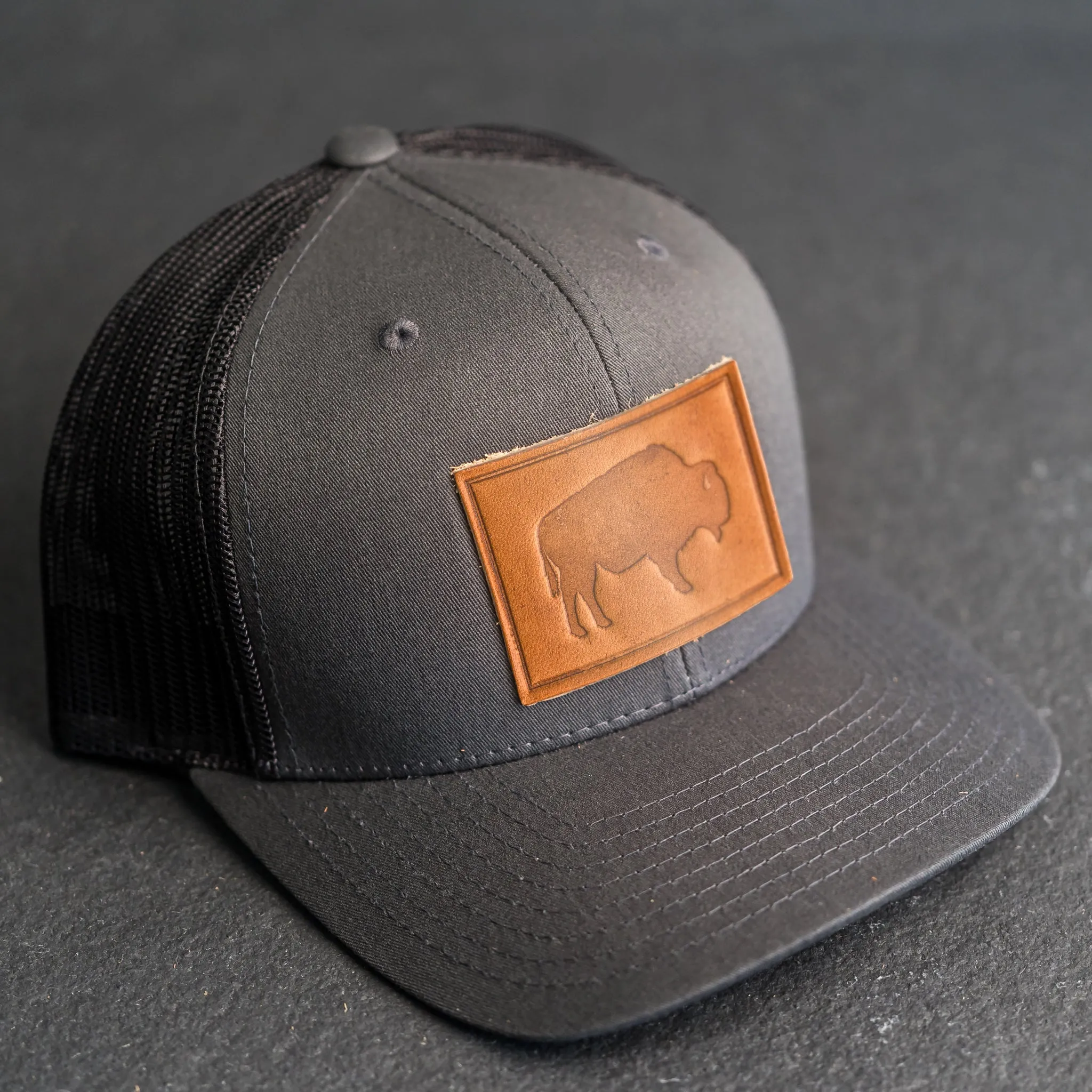 Leather Patch Trucker Style Hat - Bison Stamp