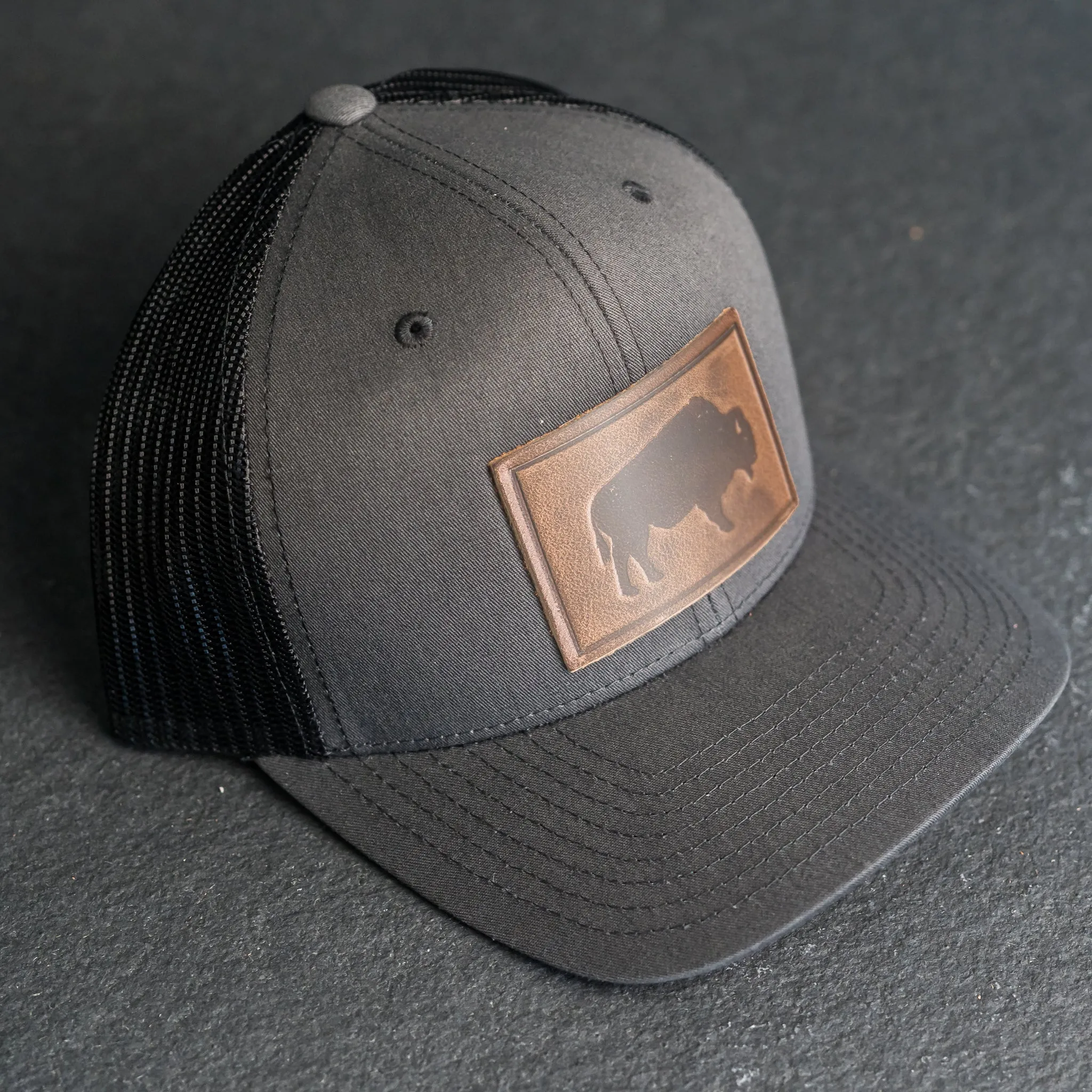 Leather Patch Trucker Style Hat - Bison Stamp