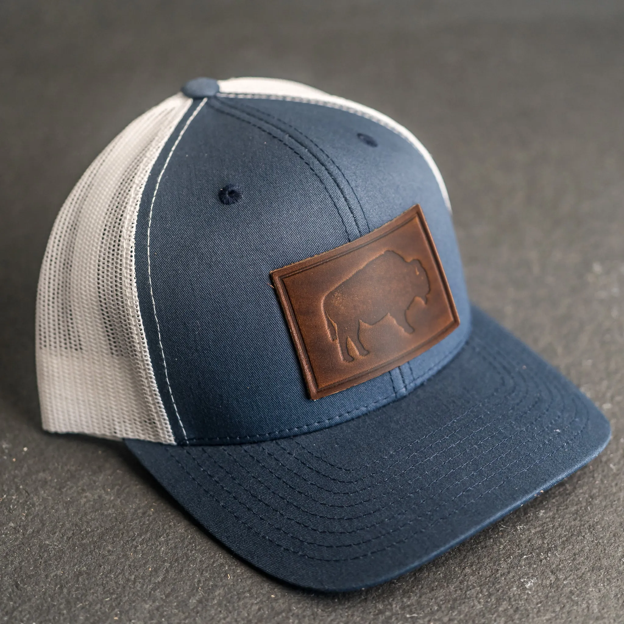 Leather Patch Trucker Style Hat - Bison Stamp