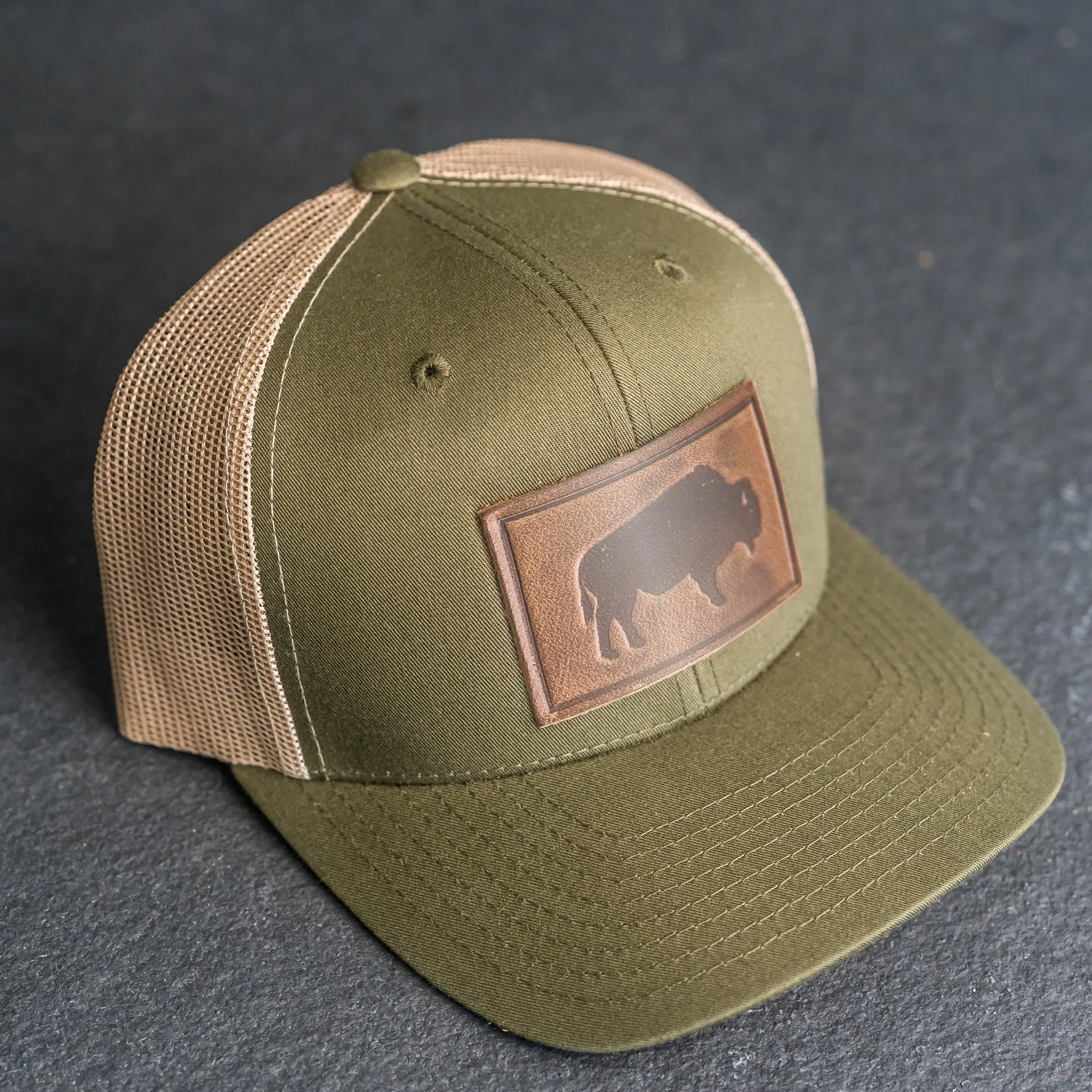 Leather Patch Trucker Style Hat - Bison Stamp