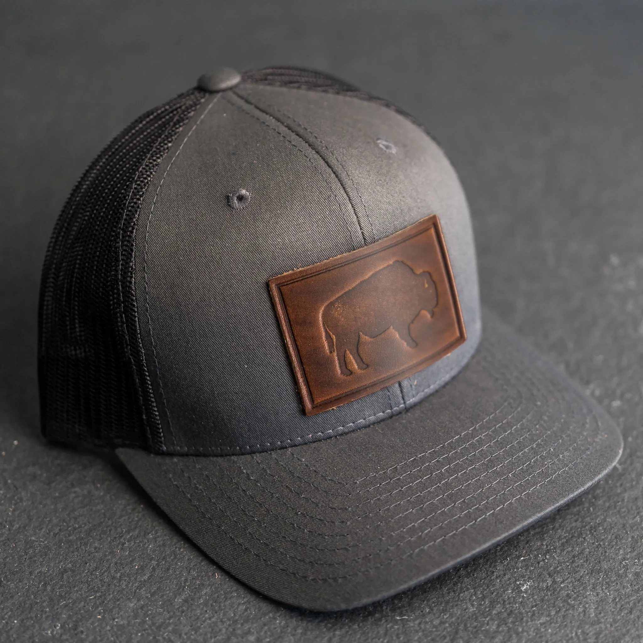 Leather Patch Trucker Style Hat - Bison Stamp