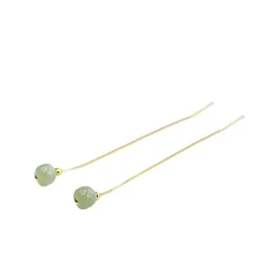 Long Sterling Silver Ear Thread Earrings with Natural Jade Insets