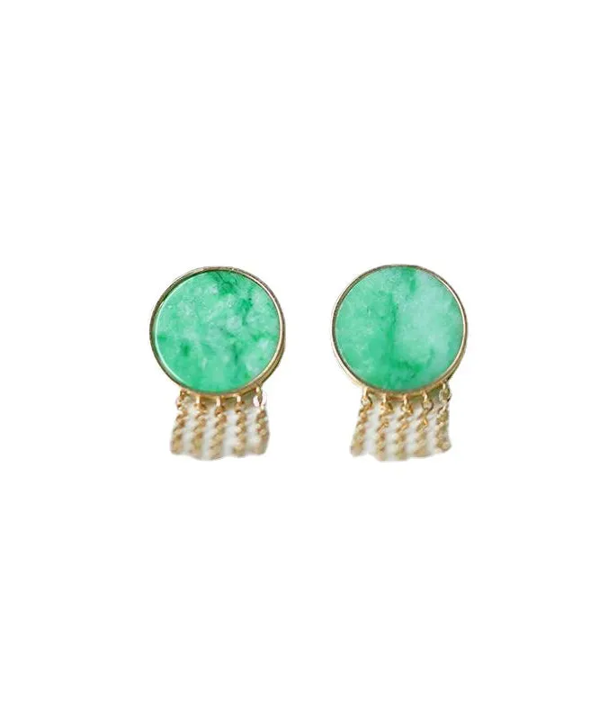 Loose Green Sterling Silver Overgild Jade Tassel Stud Earrings QU042