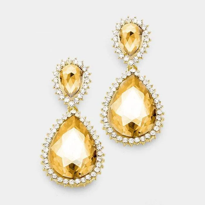 Lt Topaz Crystal Rhinestone Teardrop Evening Earrings