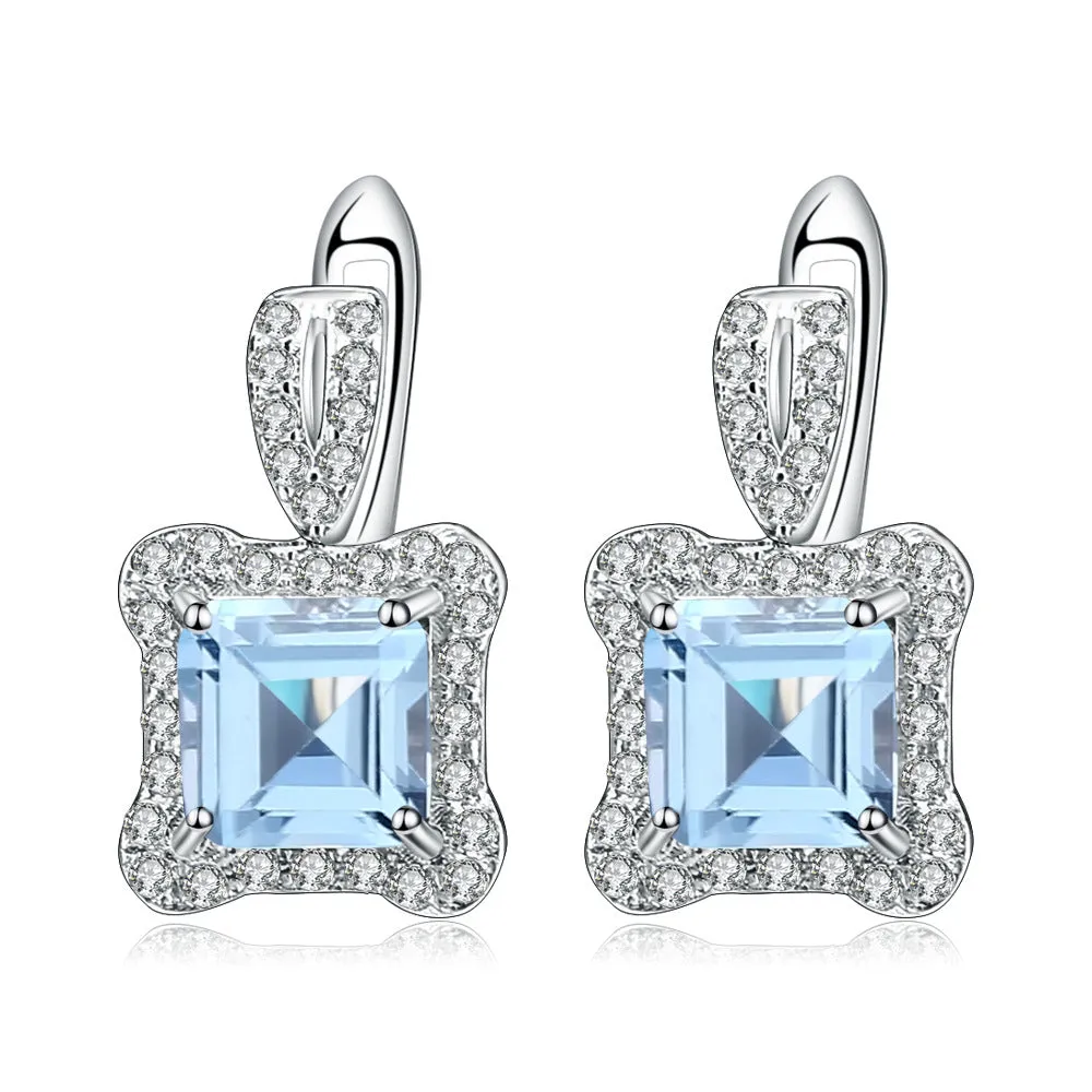 Luxurious Natural Topaz Soleste Halo Square Silver Studs Earrings for Women