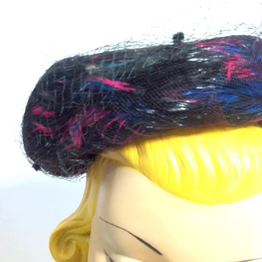 Magenta and Blue Swirled Feather Black Hat w/ Veiling circa 1960s