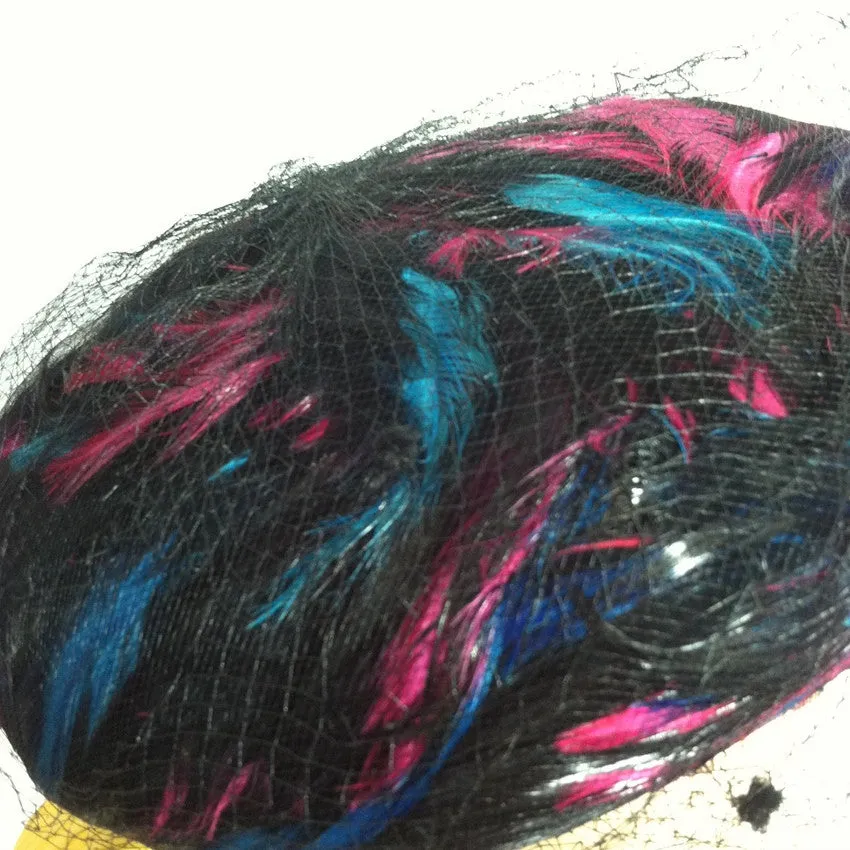 Magenta and Blue Swirled Feather Black Hat w/ Veiling circa 1960s