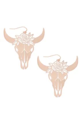 Matte Gold Bull Skull Head Earrings