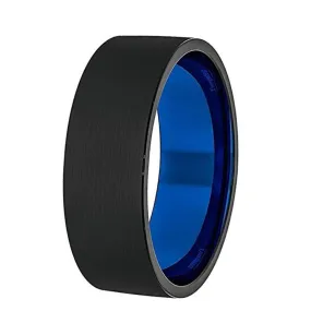 Men's Pipe-cut Black Tungsten Wedding Ring With Brushed Finish & Blue Inside - 8 mm