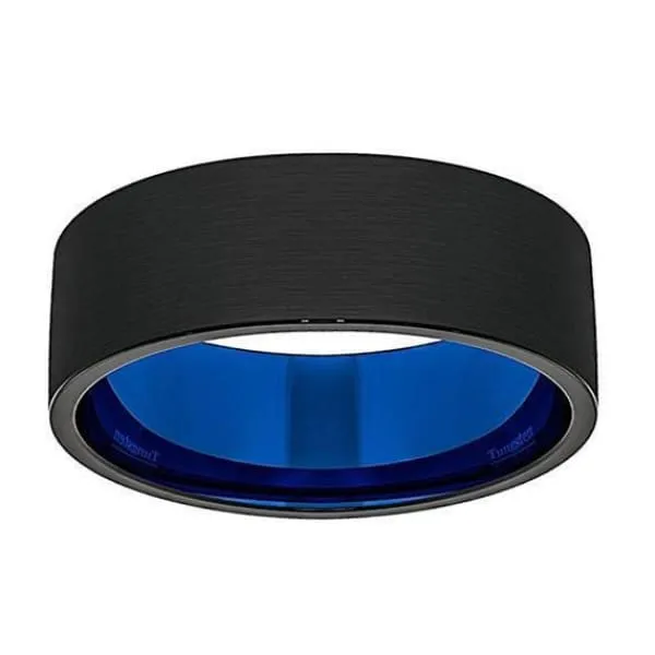 Men's Pipe-cut Black Tungsten Wedding Ring With Brushed Finish & Blue Inside - 8 mm