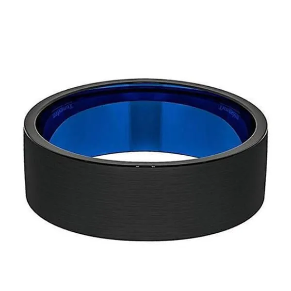 Men's Pipe-cut Black Tungsten Wedding Ring With Brushed Finish & Blue Inside - 8 mm