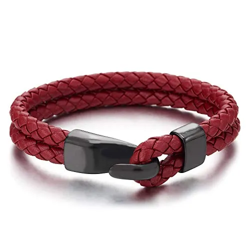 Mens Womens Two-Row Red Braided Leather Bangle Bracelet Wristband with Black Steel Hook Clasp