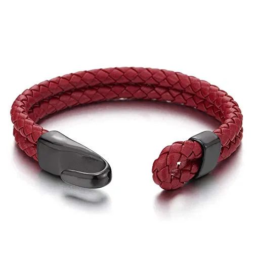 Mens Womens Two-Row Red Braided Leather Bangle Bracelet Wristband with Black Steel Hook Clasp